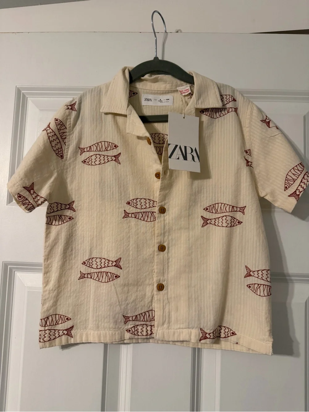 ZARA Kids Cream Short-Sleeve Button-Up Shirt with Red Fish Print
